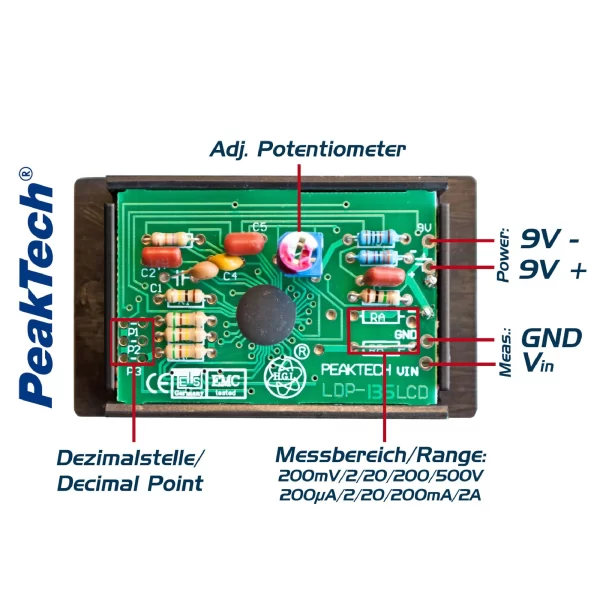 Voltímetro y amperímetro, Display LCD 13mm - PeakTech LDP-135